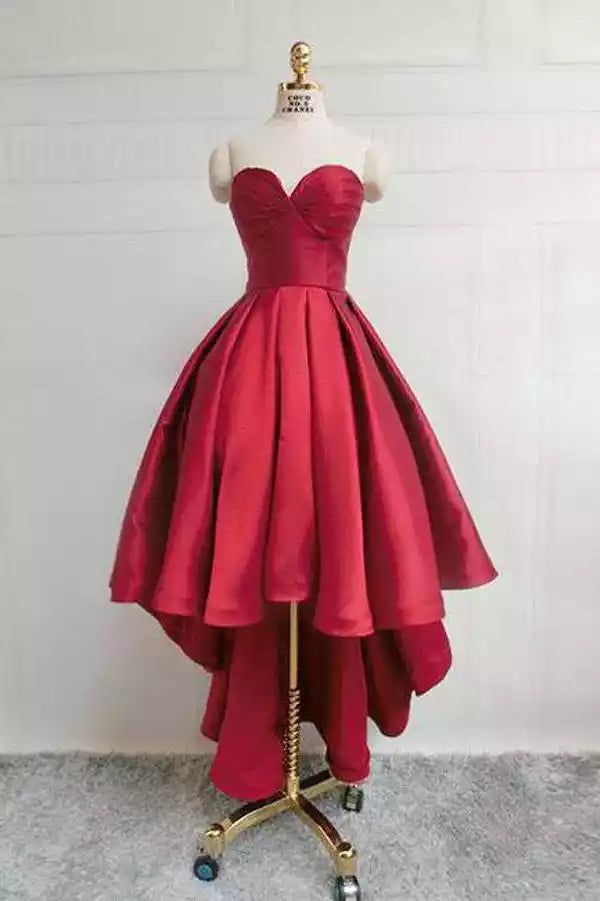 Elegant Crimson Red Satin High-Low Ballgown with Strapless Sweetheart Neckline