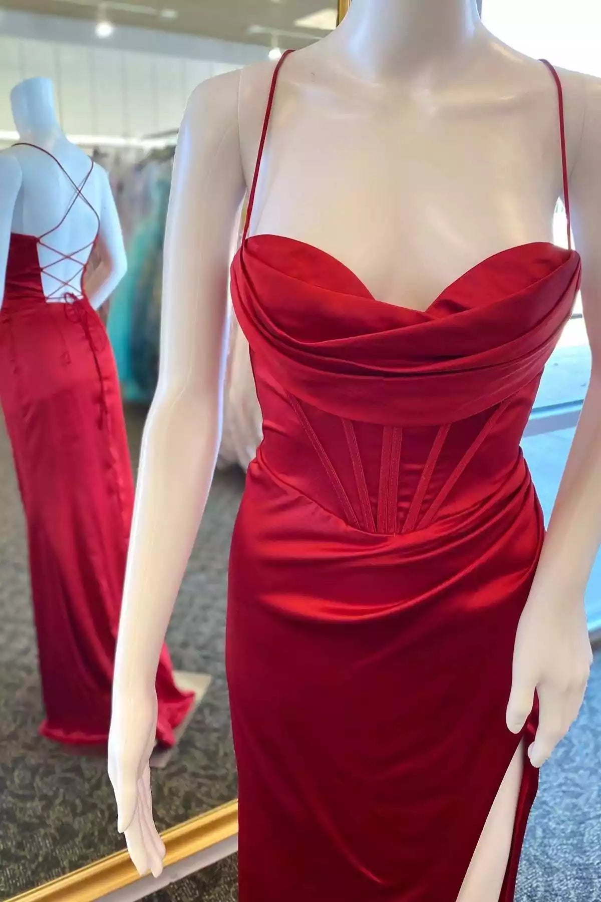 Elegant Crimson Satin Mermaid Gown with Spaghetti Strap & Lace-Up Back