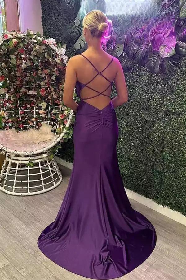 Elegant Deep Purple Satin Mermaid Gown with Crisscross Open Back & Sequin Bodice