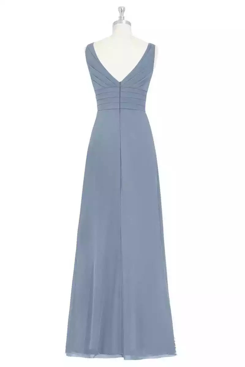 Elegant Dusty Blue Chiffon Gown with Deep V-Neck & Ruffled Skirt