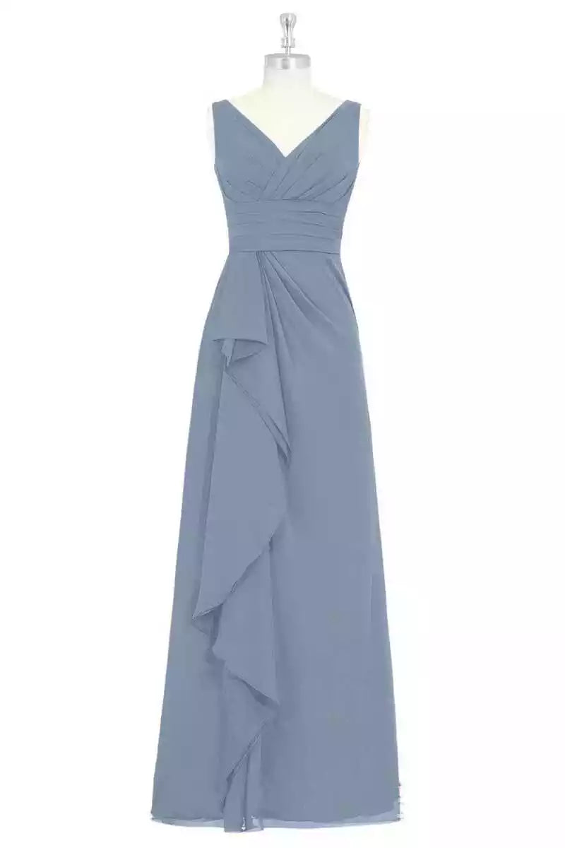 Elegant Dusty Blue Chiffon Gown with Deep V-Neck & Ruffled Skirt