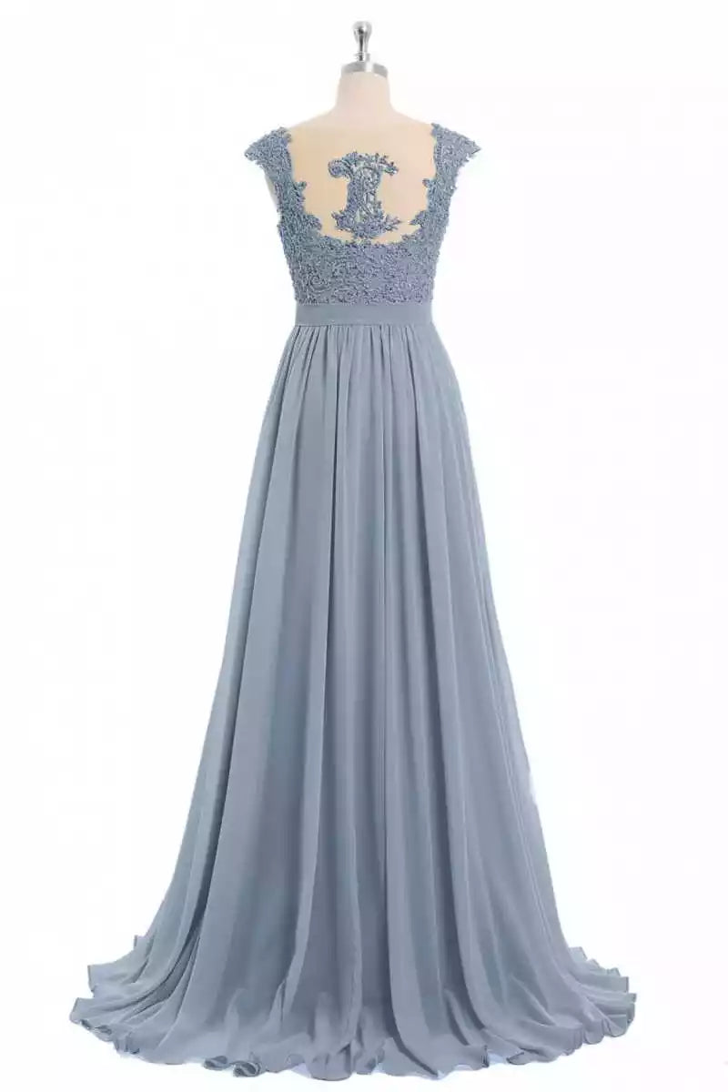 Elegant Dusty Blue Chiffon Gown with Lace Bodice & Keyhole Back