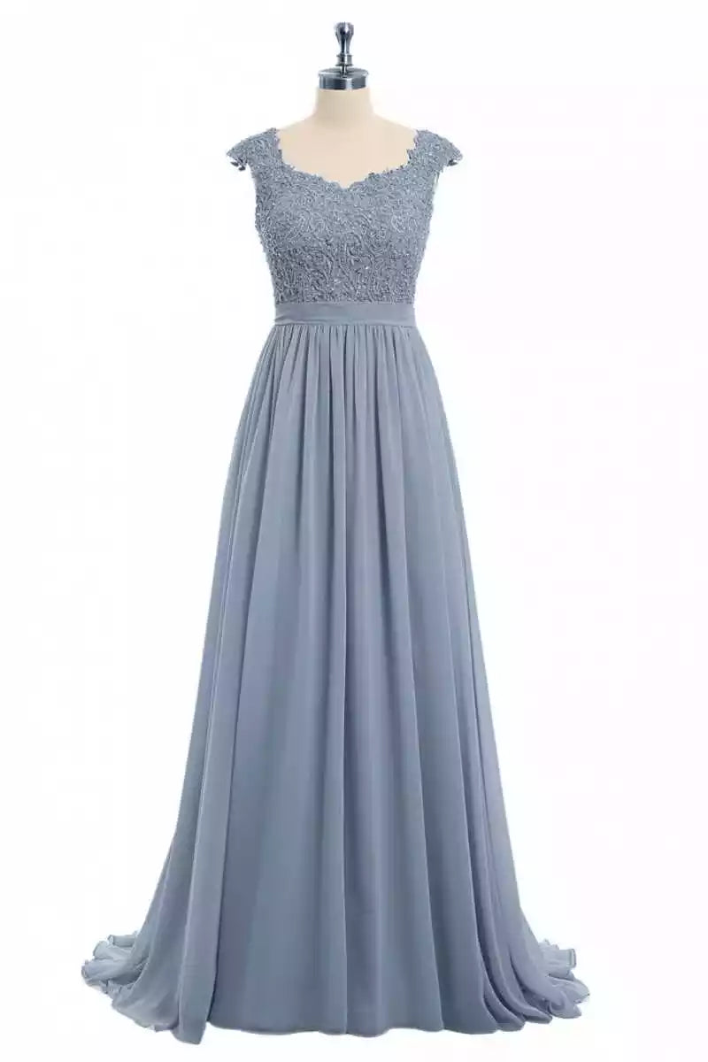Elegant Dusty Blue Chiffon Gown with Lace Bodice & Keyhole Back