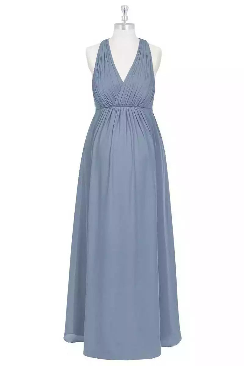 Elegant Dusty Blue Chiffon Gown with Multi-Strap Halter & Ruched Bodice