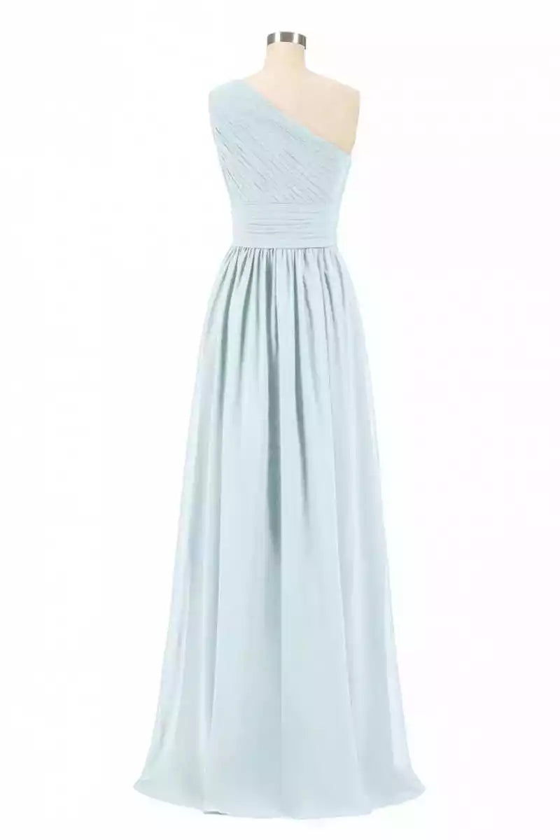 Elegant Dusty Blue Chiffon Gown with One-Shoulder Ruched Bodice