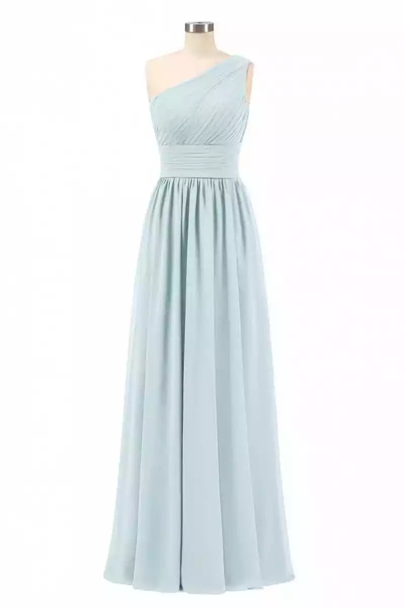Elegant Dusty Blue Chiffon Gown with One-Shoulder Ruched Bodice