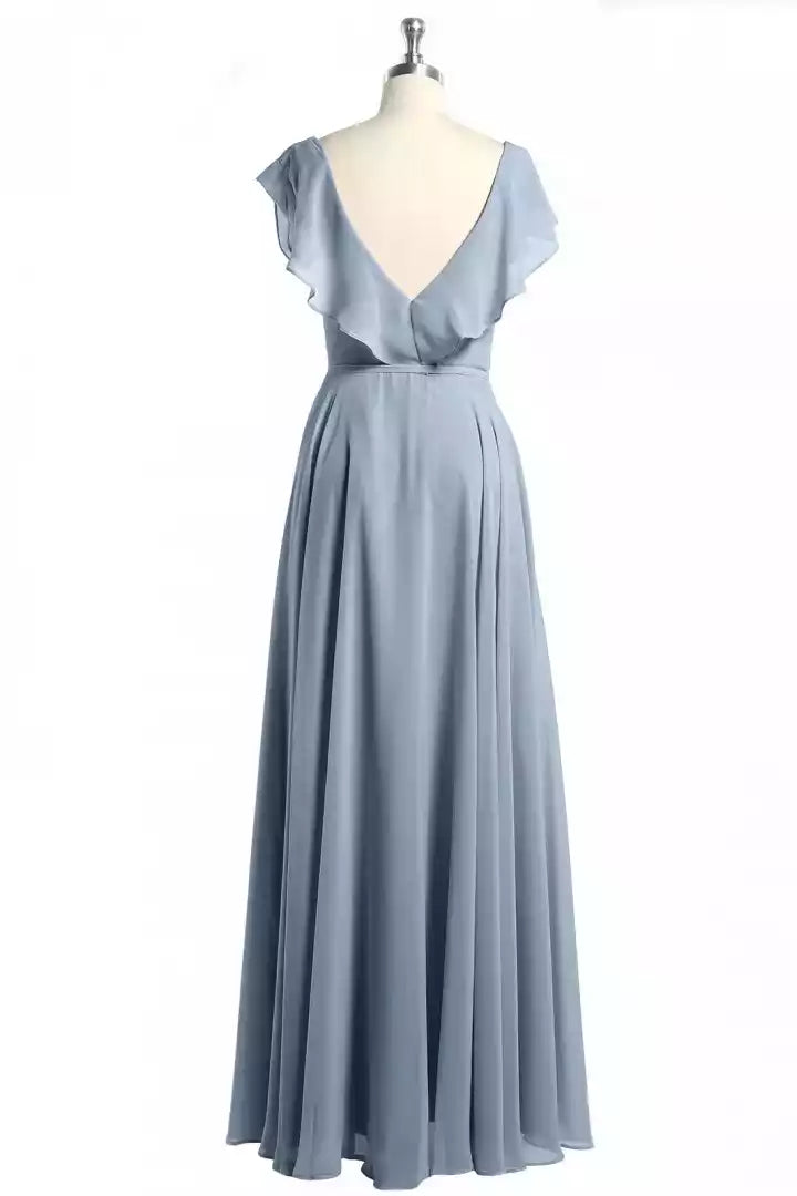 Elegant Dusty Blue Chiffon Gown with Ruffled Flutter Sleeves & V-Back