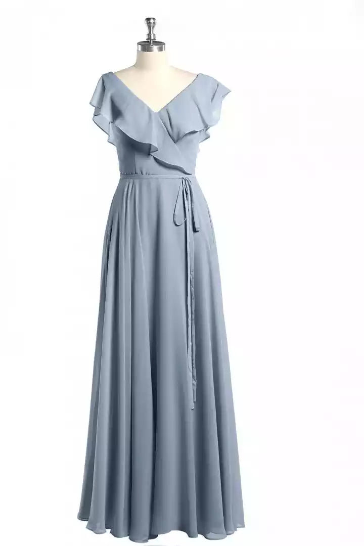 Elegant Dusty Blue Chiffon Gown with Ruffled Flutter Sleeves & V-Back