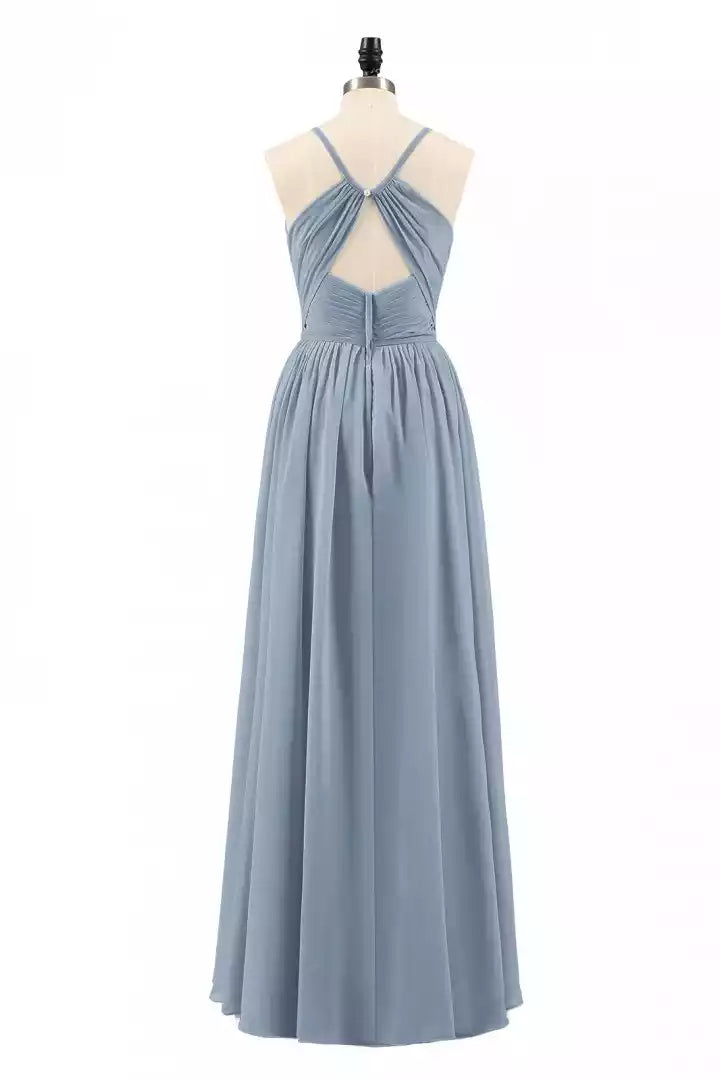 Elegant Dusty Blue Chiffon Gown with Spaghetti Strap Ruched Bodice & Open Back