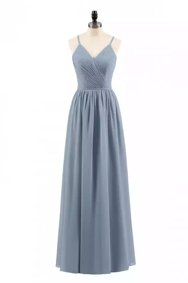 Elegant Dusty Blue Chiffon Gown with Spaghetti Strap Ruched Bodice & Open Back