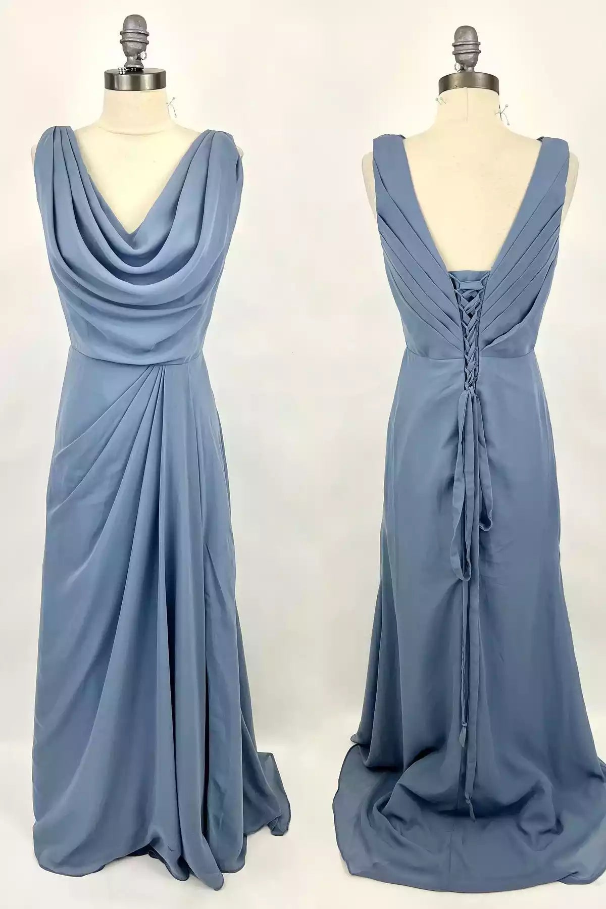 Elegant Dusty Blue Satin Gown with Cowl Neck & Lace-Up Back