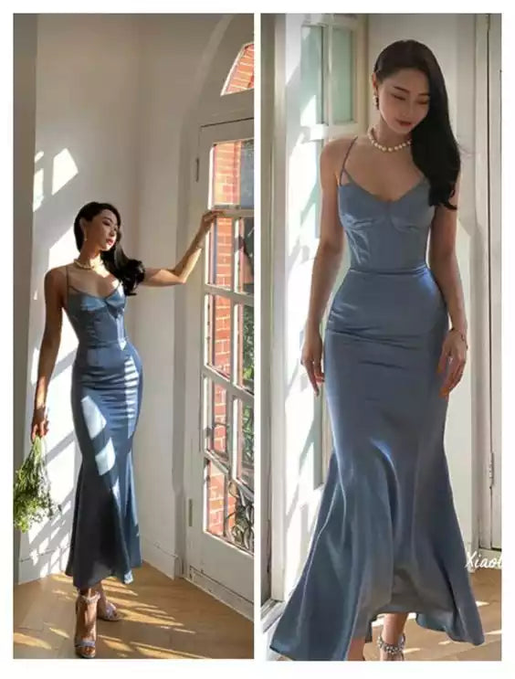 Elegant Dusty Blue Satin Mermaid Gown with Crisscross Back & Sweetheart Neckline