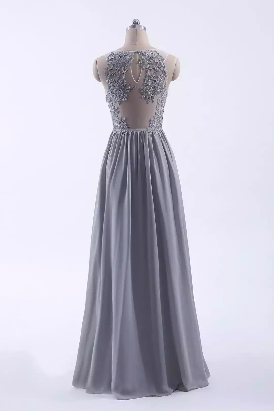 Elegant Dusty Gray Chiffon Gown with Lace Back & Deep V-Neck