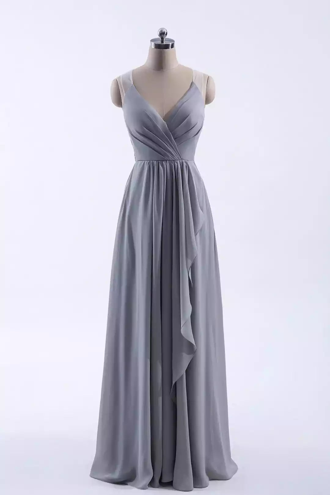 Elegant Dusty Gray Chiffon Gown with Lace Back & Ruched Bodice