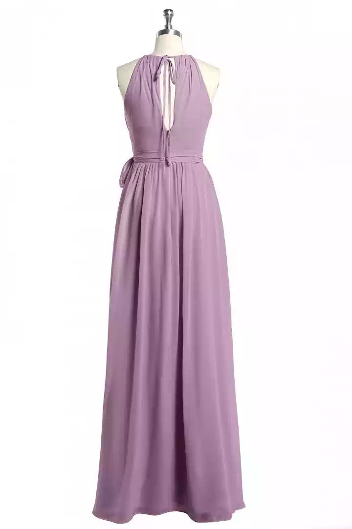 Elegant Dusty Lavender Chiffon Gown with Halter Neck & Open Keyhole Back