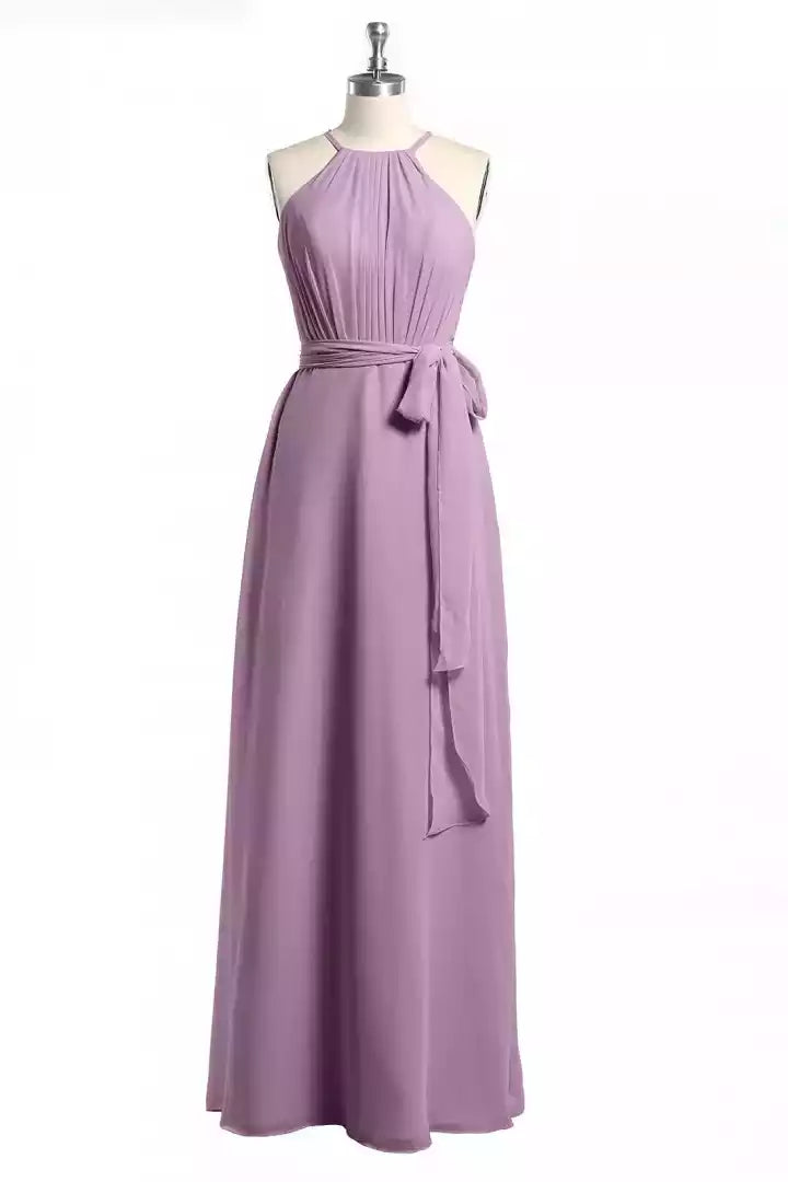 Elegant Dusty Lavender Chiffon Gown with Halter Neck & Open Keyhole Back