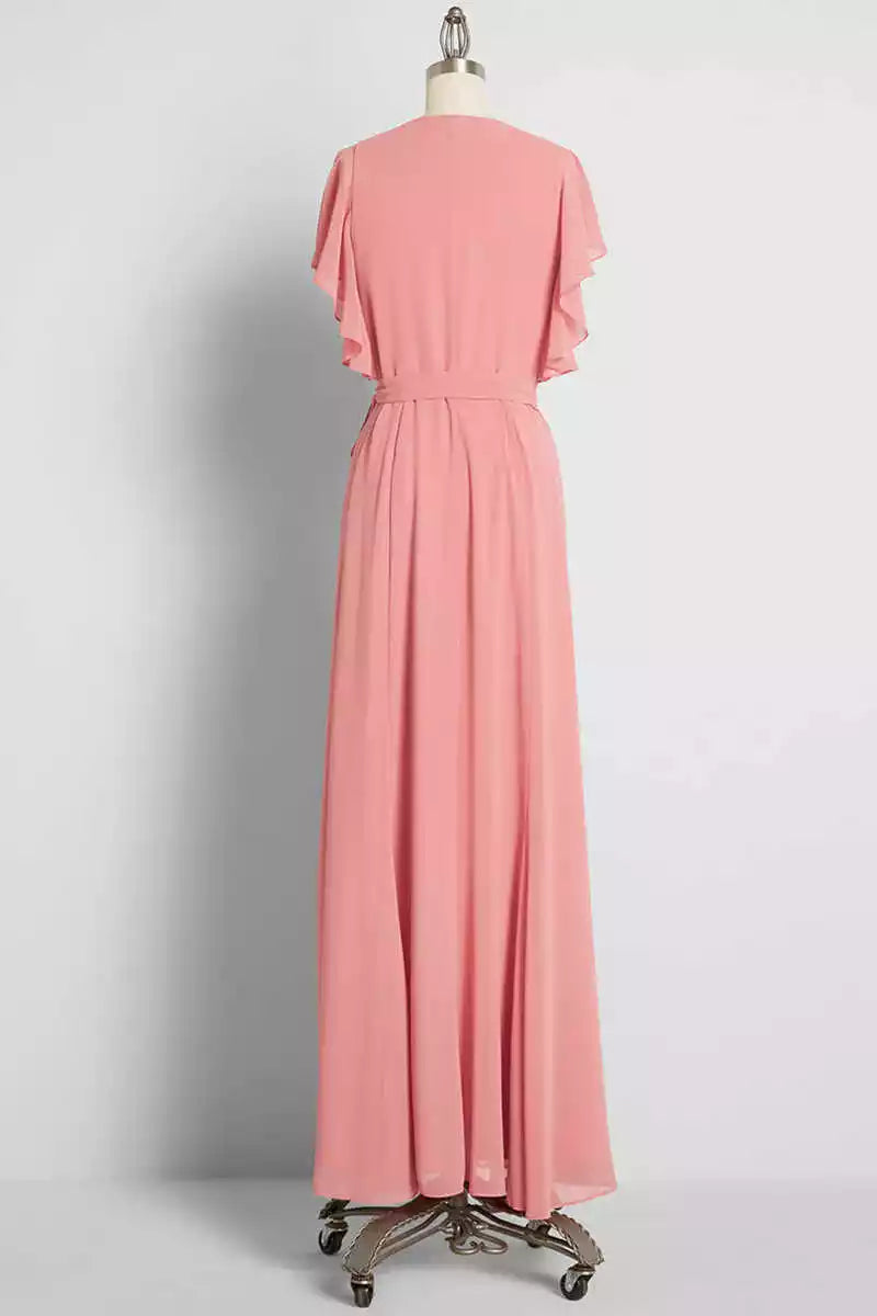 Elegant Dusty Pink Chiffon Gown with V-Neck Ruffled Flutter Sleeves & Tie Waist