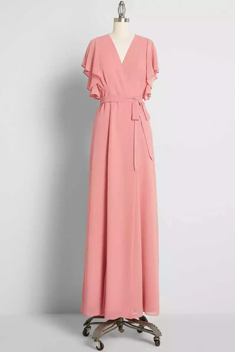 Elegant Dusty Pink Chiffon Gown with V-Neck Ruffled Flutter Sleeves & Tie Waist