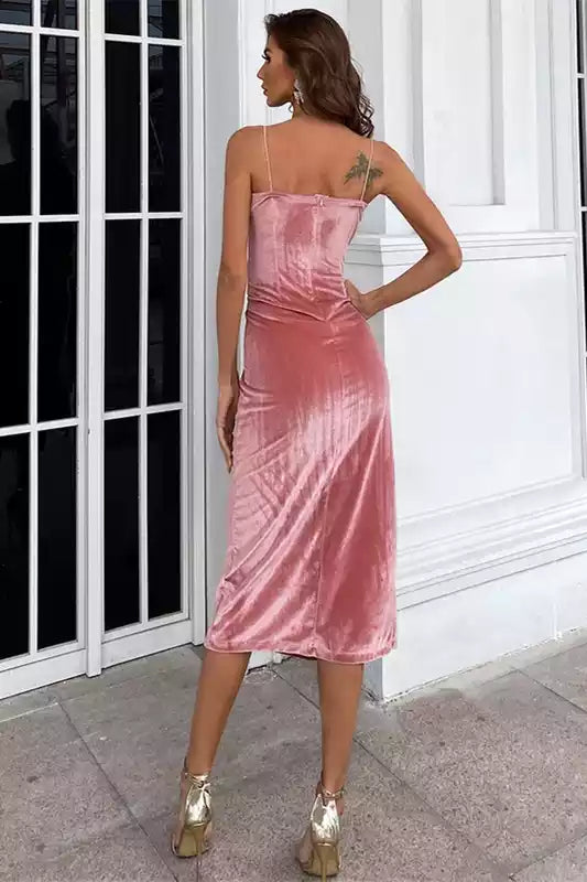 Elegant Dusty Pink Velvet Midi Gown with Spaghetti Straps & Ruched Silhouette