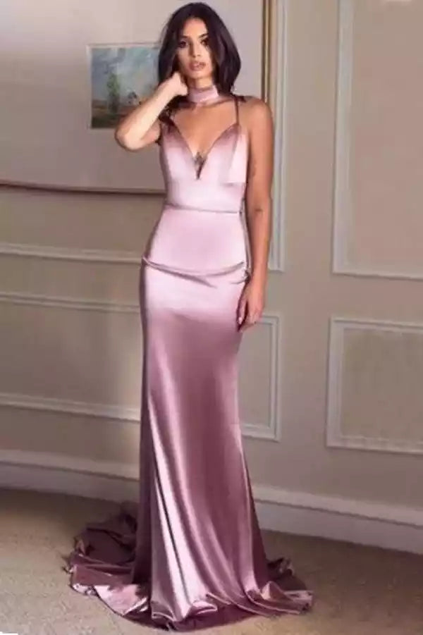 Elegant Dusty Rose Satin Gown with Halter Neck & Open Back