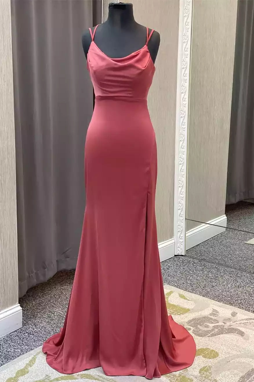 Elegant Dusty Rose Satin Mermaid Gown with Crisscross Back & Draped Neckline