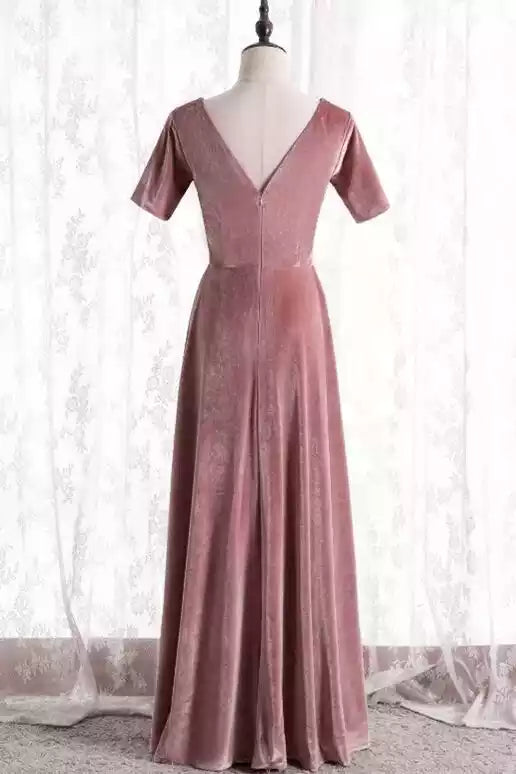 Elegant Dusty Rose Velvet Gown with V-Neckline & Short Sleeves