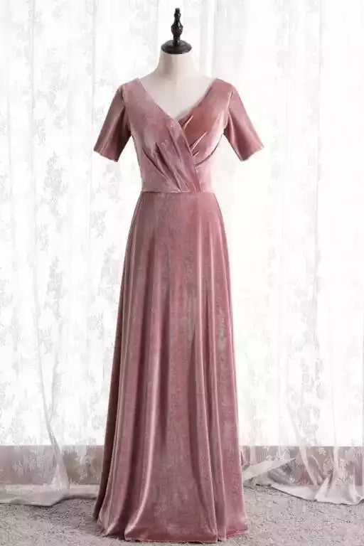 Elegant Dusty Rose Velvet Gown with V-Neckline & Short Sleeves