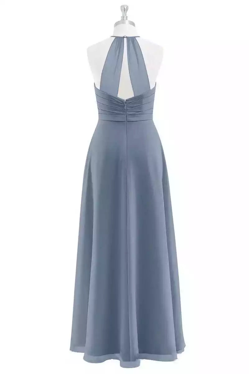 Elegant Dusty Sage Chiffon Gown with Halter Neck & Ruffled Skirt