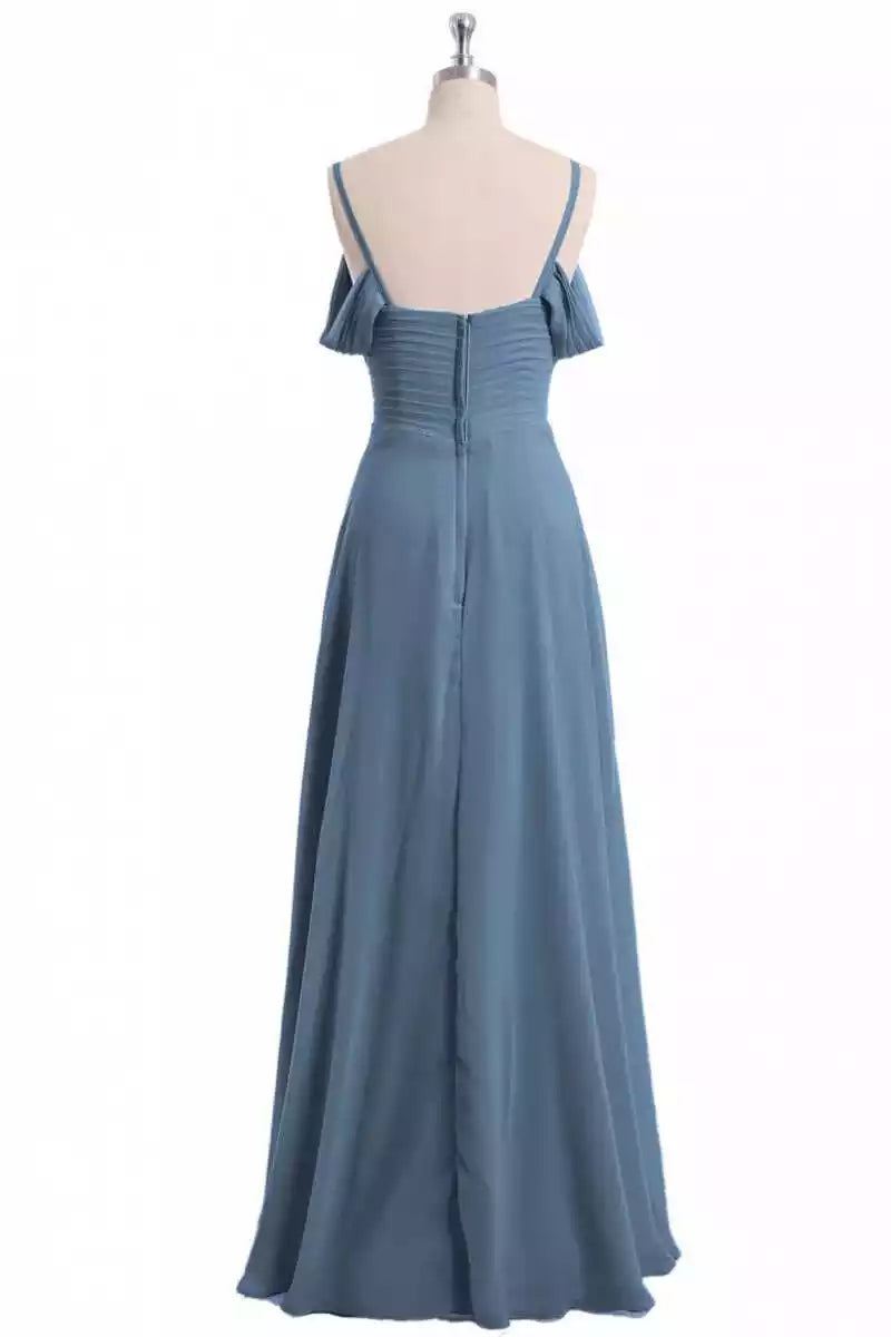 Elegant Dusty Teal Chiffon Gown with Cold-Shoulder Ruffled Sleeves & Ruched Bodice