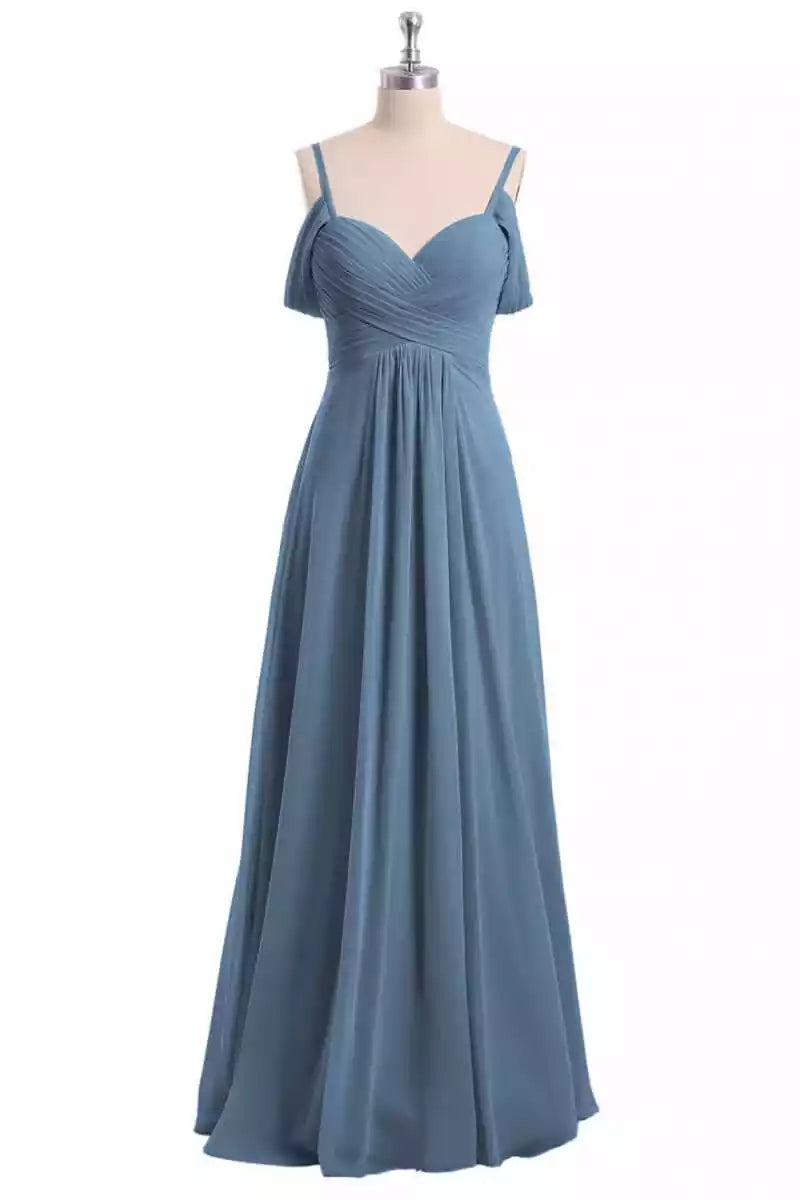 Elegant Dusty Teal Chiffon Gown with Cold-Shoulder Ruffled Sleeves & Ruched Bodice