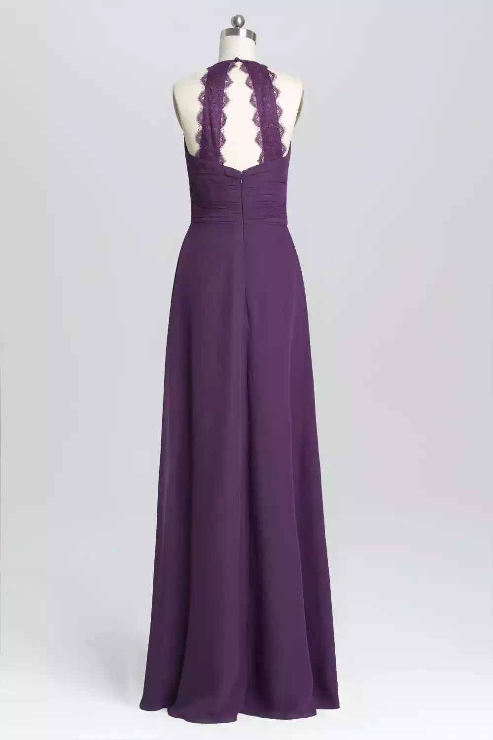 Elegant Eggplant Purple Chiffon Gown with Lace Halter Back & Ruched Bodice
