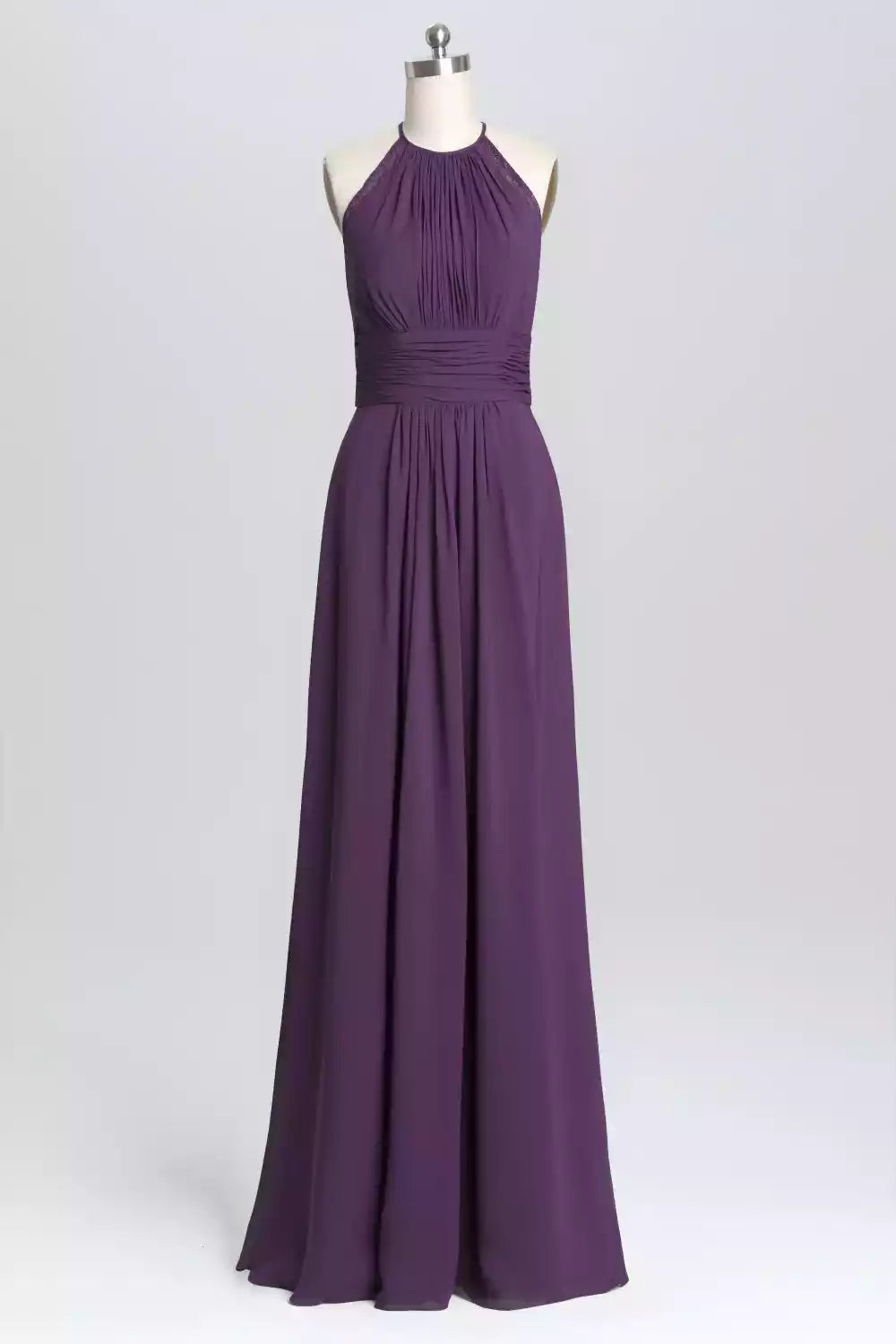 Elegant Eggplant Purple Chiffon Gown with Lace Halter Back & Ruched Bodice