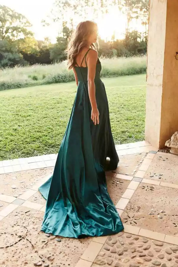 Elegant Emerald Satin A-Line Gown with Plunge Neck & Trailing Train