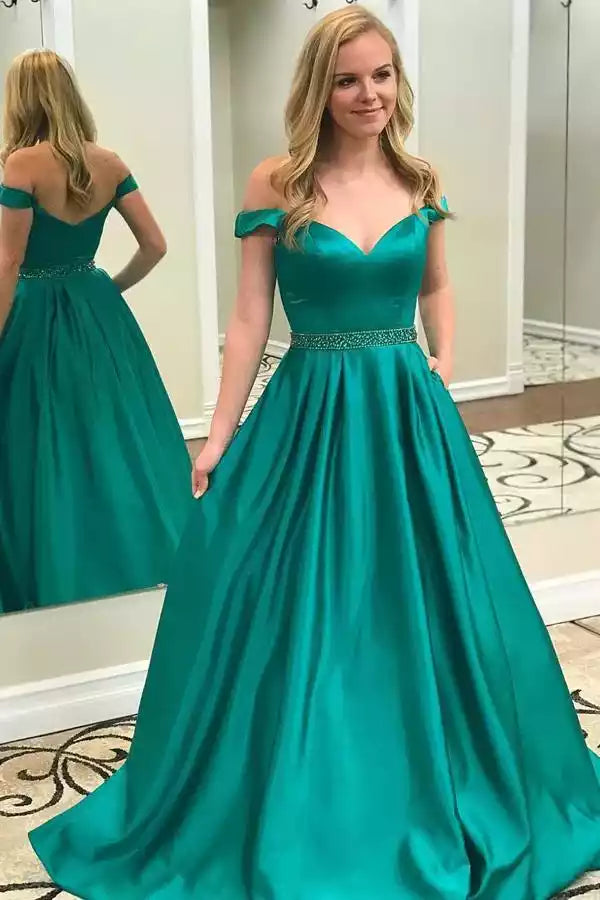 Elegant Emerald Satin Off-the-Shoulder Ballgown with Beaded Belt
