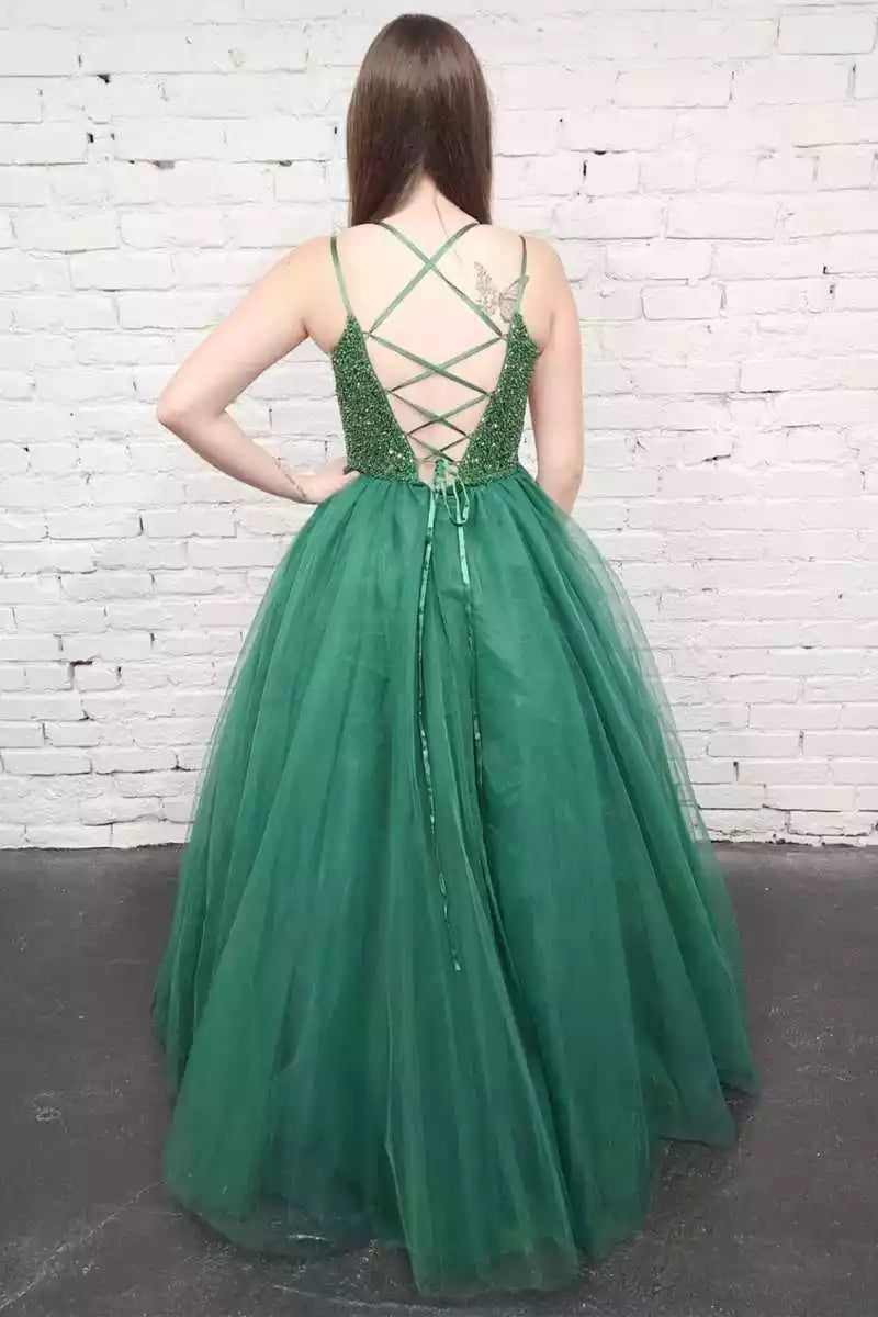 Elegant Emerald Tulle Ballgown with Sequin Bodice & Crisscross Back