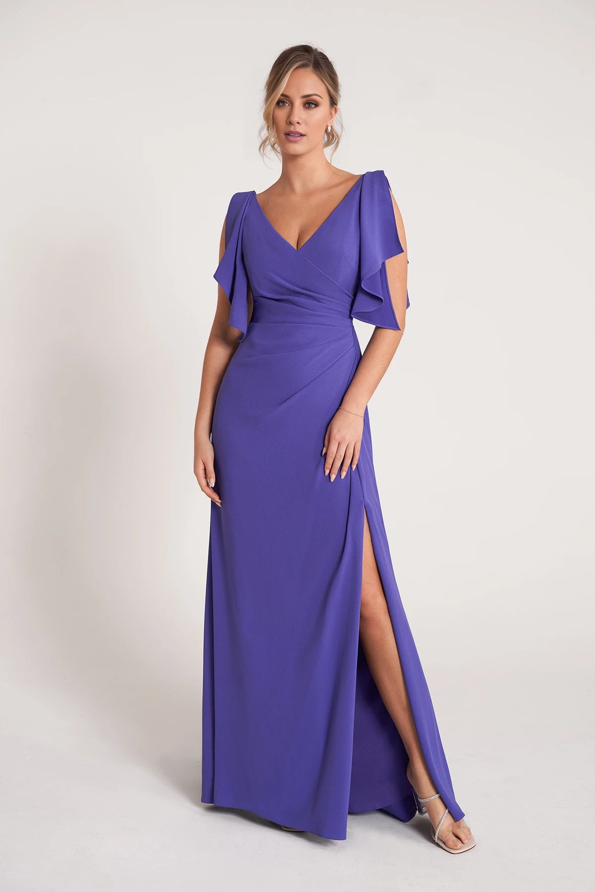 Elegant Fit and Flare Crepe Gown with V-Neckline and Soft Flutter Sleeves Mother of the Bride Dresses