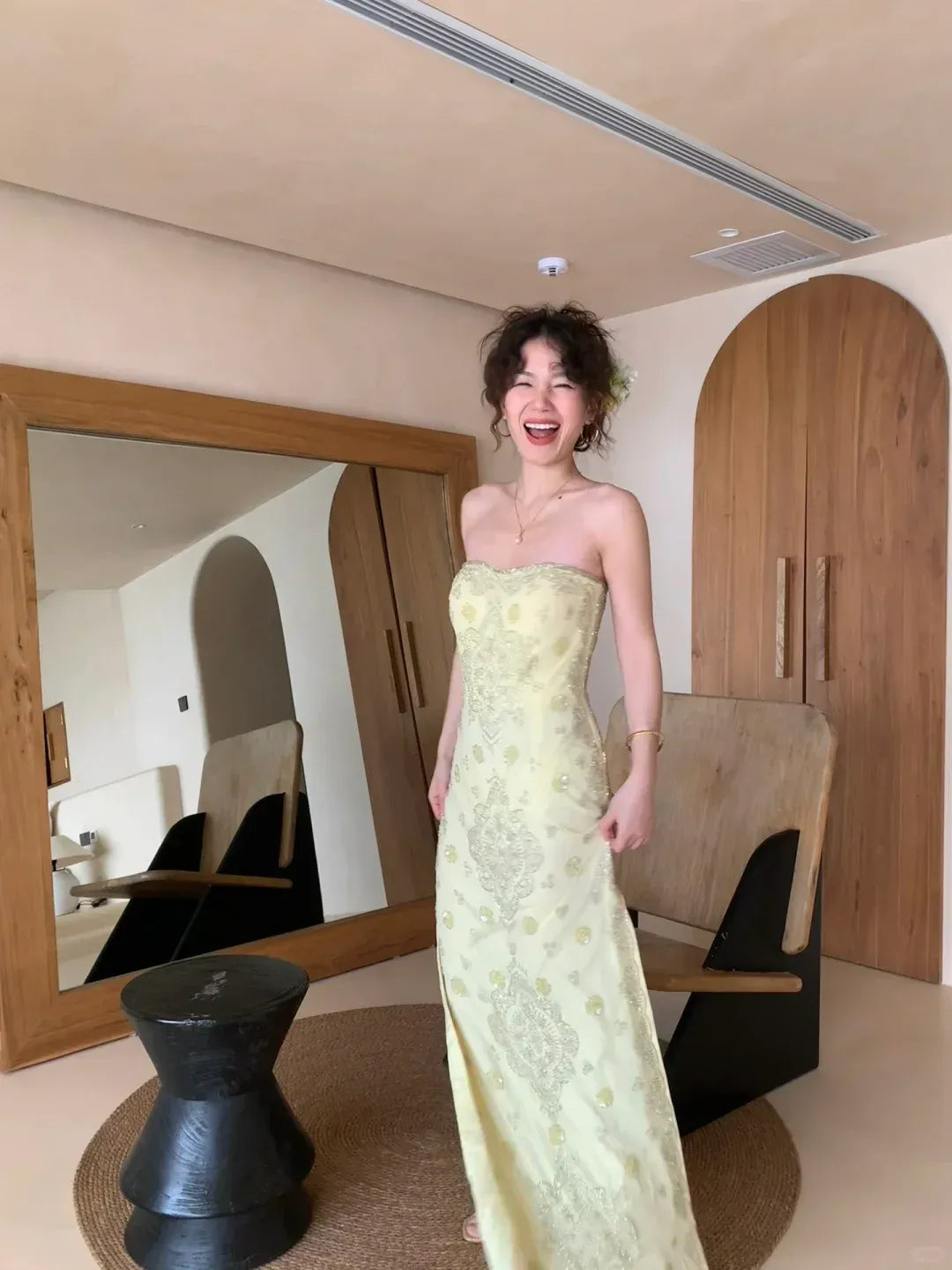 Elegant Gold Embroidery Pale Yellow Chiffon Strapless Sweetheart Neckline Gown