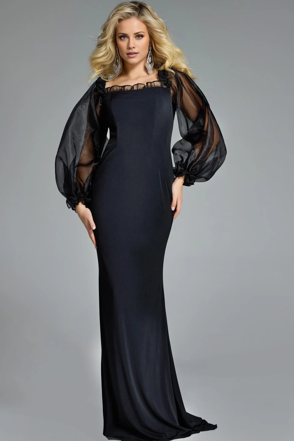 Elegant Gown with Sheer Puff Sleeves and Square Neckline Evening Dresses