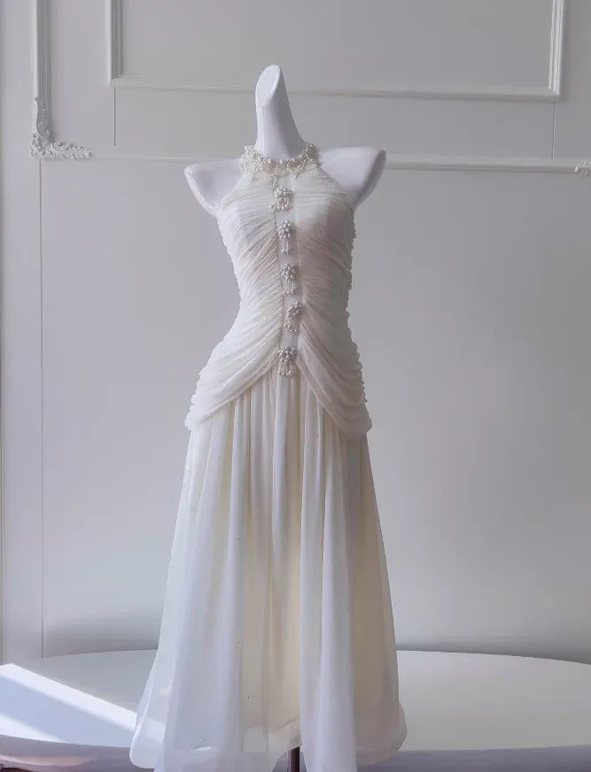 Elegant Halter Neck Pearl-Embellished Ivory Chiffon Gown