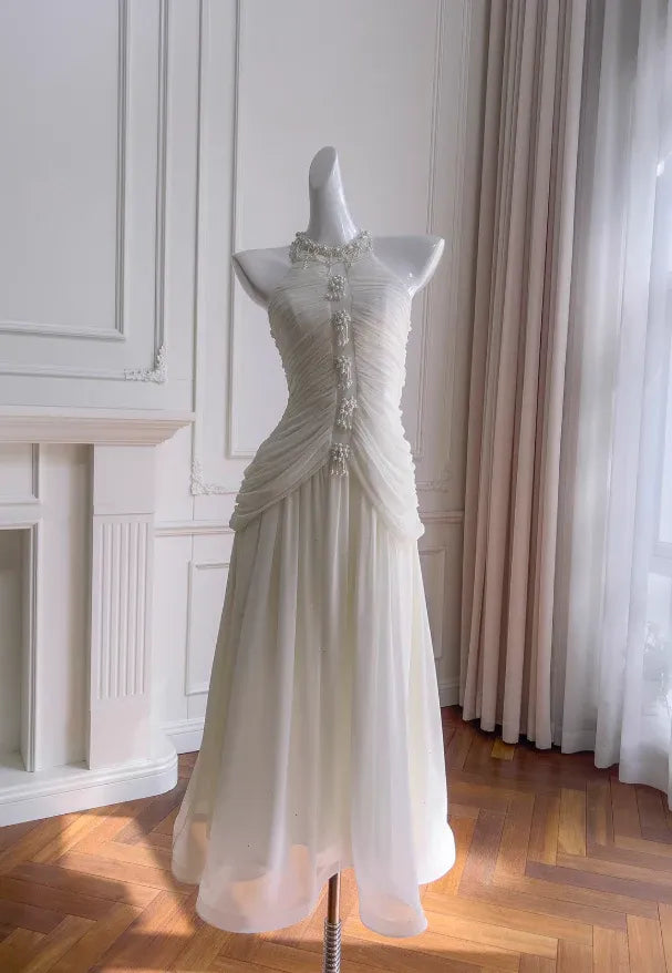 Elegant Halter Neck Pearl-Embellished Ivory Chiffon Gown