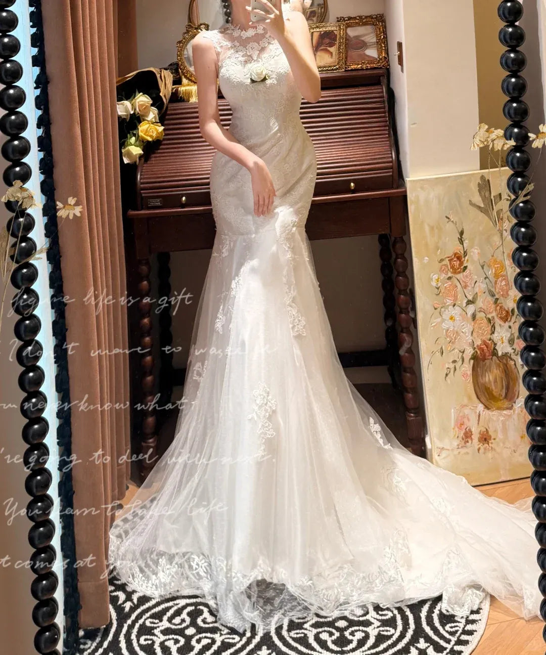 Elegant High Illusion Neckline Ivory Tulle Mermaid Wedding Gown