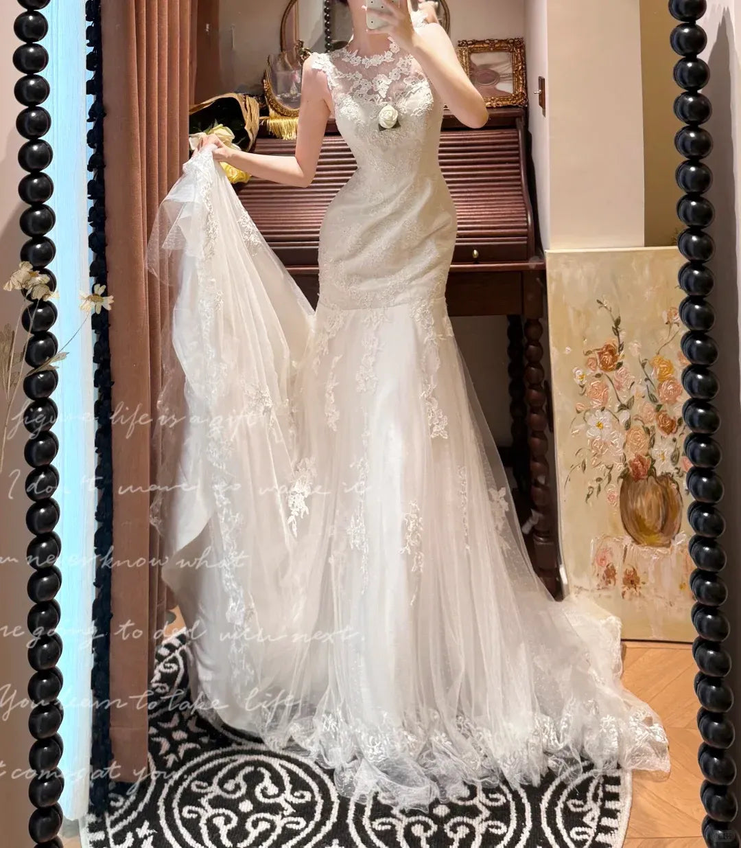 Elegant High Illusion Neckline Ivory Tulle Mermaid Wedding Gown