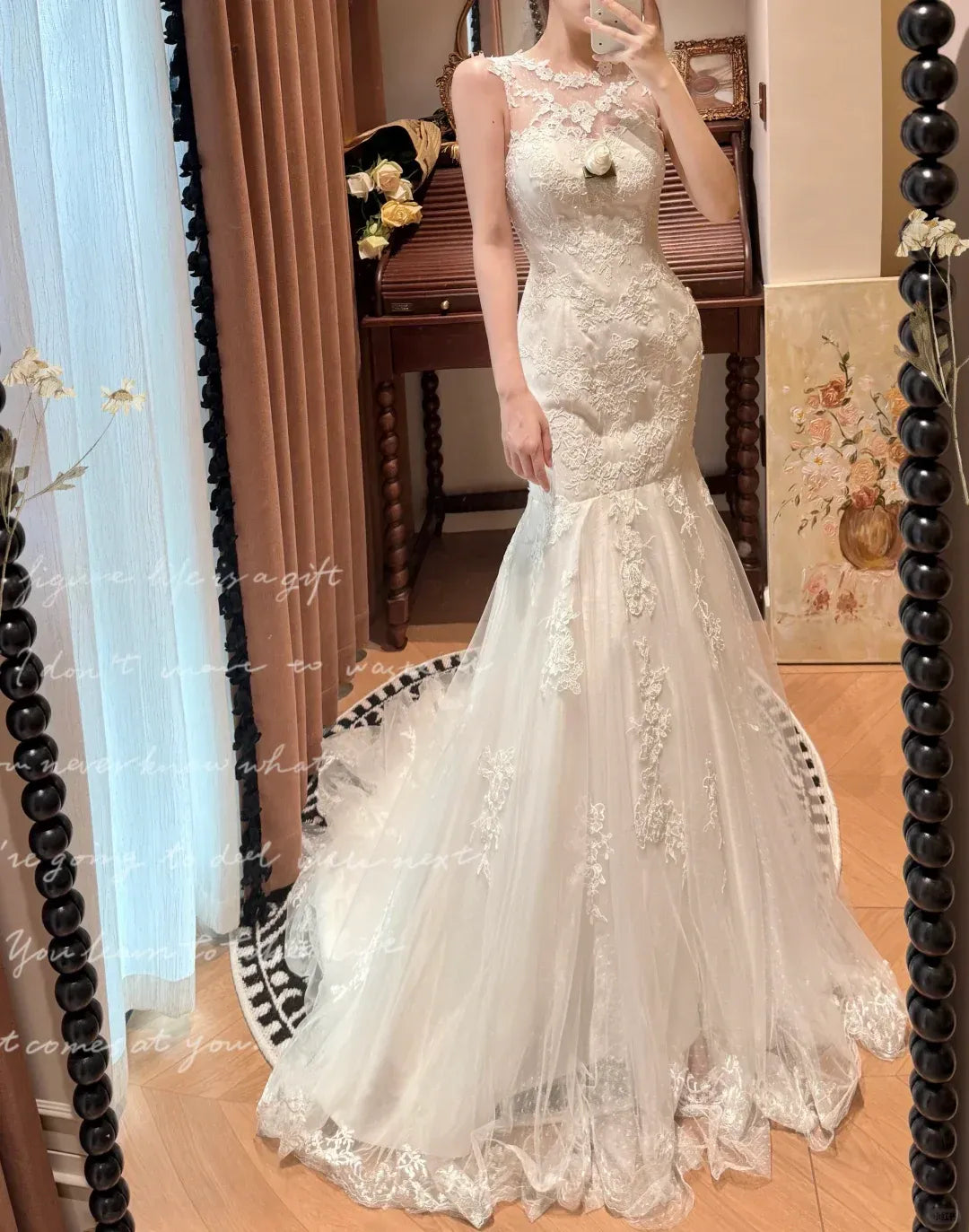Elegant High Illusion Neckline Ivory Tulle Mermaid Wedding Gown