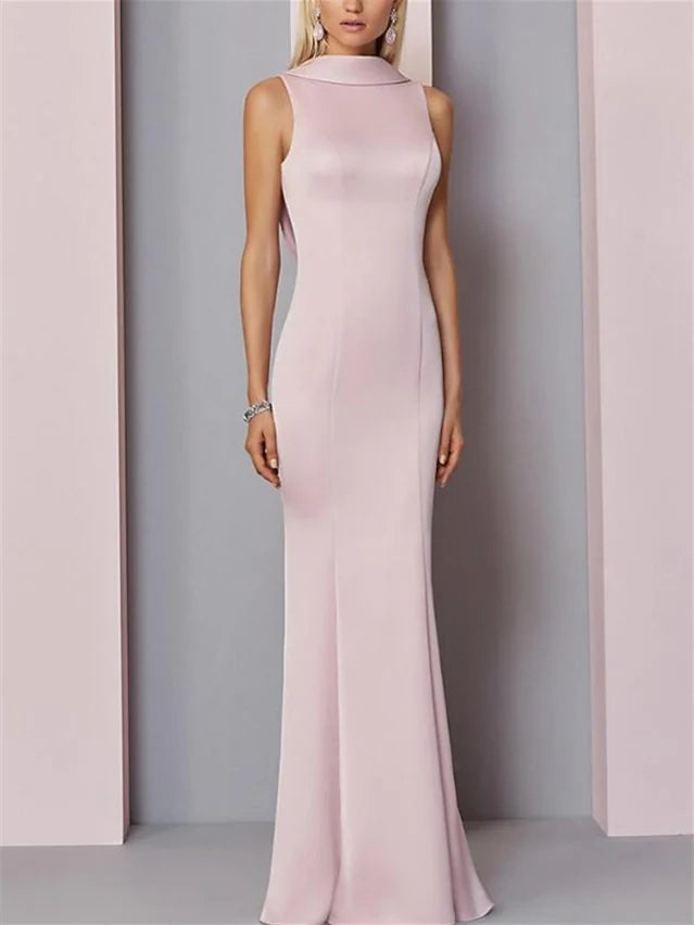 Elegant High Neck Sleeveless Satin Mermaid Evening Dress with Open Back