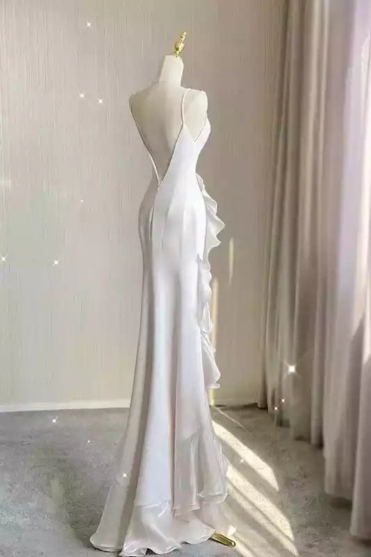 Elegant Ivory Satin Gown with Halter Neck & Asymmetrical Ruffle Overlay