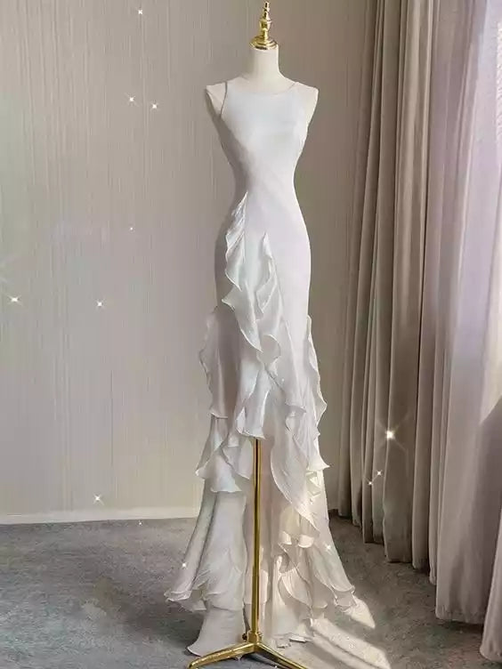 Elegant Ivory Satin Gown with Halter Neck & Asymmetrical Ruffle Overlay