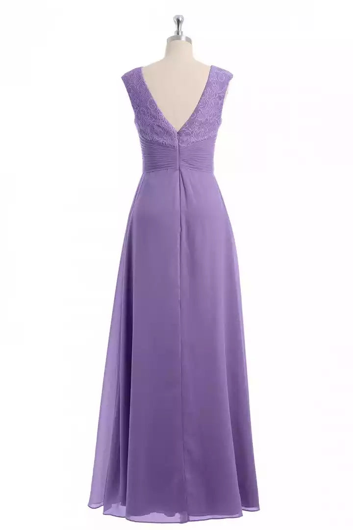 Elegant Lavender Chiffon Gown with Lace-Overlay V-Neck & Ruched Bodice