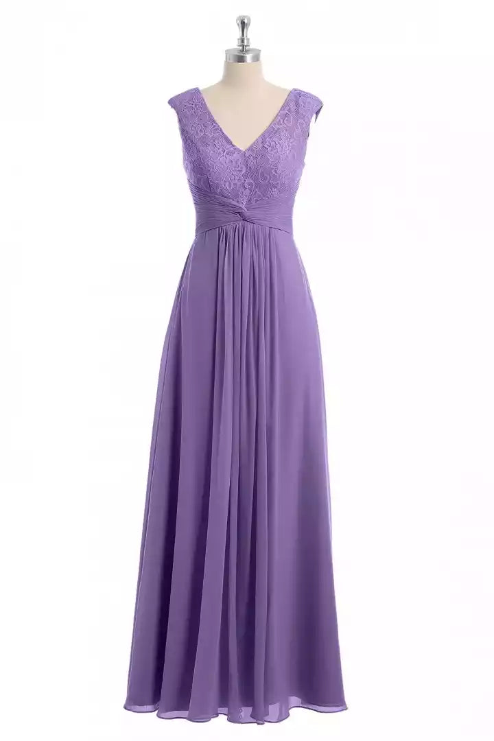 Elegant Lavender Chiffon Gown with Lace-Overlay V-Neck & Ruched Bodice