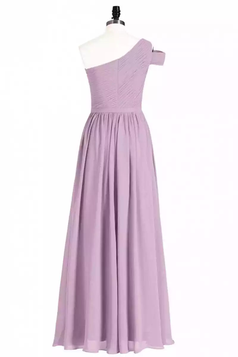 Elegant Lavender Chiffon Gown with One-Shoulder Ruched Bodice & Cold-Shoulder Detail
