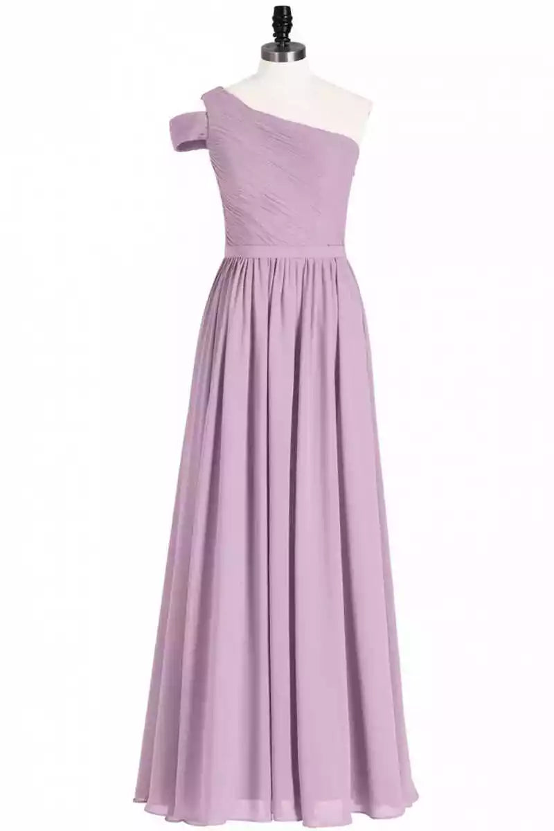 Elegant Lavender Chiffon Gown with One-Shoulder Ruched Bodice & Cold-Shoulder Detail